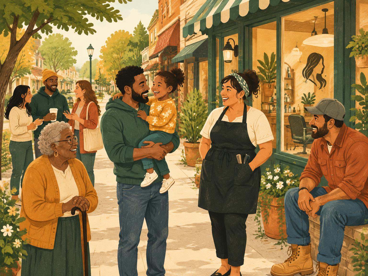 Illustration of neighbors of all ages talking and smiling outside local shops